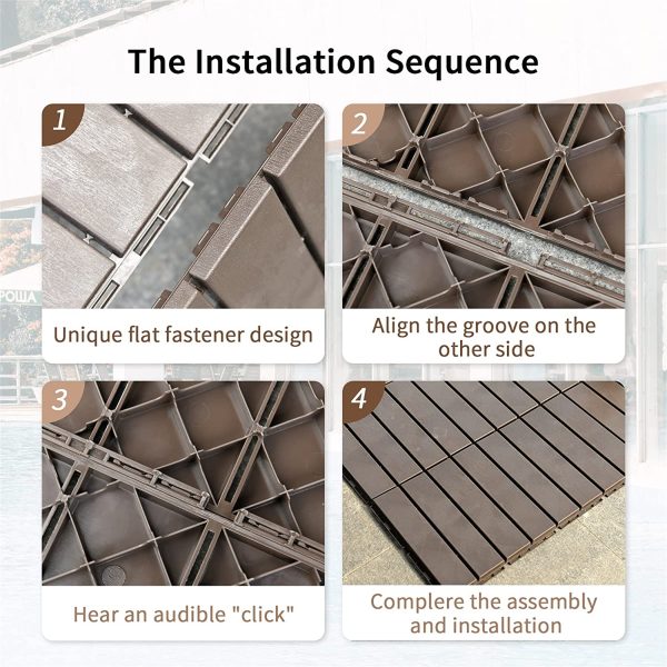 Patio Interlocking Deck Tiles, 12 x12  Square Composite Decking Tiles, Four Slat Plastic Outdoor Flooring Tile All Weather for Balcony Porch Backyard (Dark Brown, Pack of 9) Hot on Sale