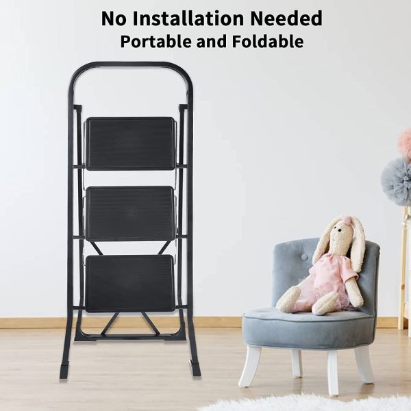 YSSOA 3 Step Ladder, Folding Step Stool with Wide Anti-Slip Pedal, 330 lbs Sturdy Steel Ladder, Convenient Handgrip, Lightweight, Portable Steel Step Stool, Black (HILADDFOLD3B) Fashion