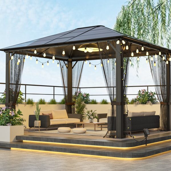 10x12 Hardtop Metal Gazebo,Heavy Duty Pergola with Mosquito Nets,Galvanized Steel&Polycarbonate Roof,Sturdy Outdoor Canopies Tent,Suitable for Gardens,Patio,Backyard Online Hot Sale