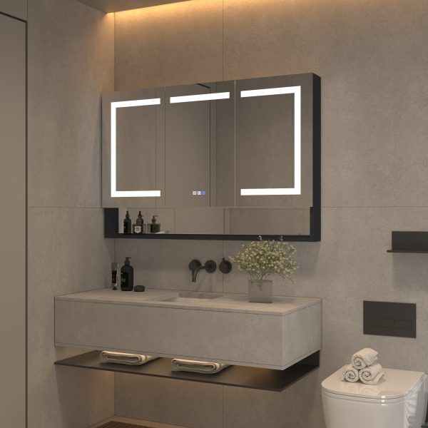 48 in. W x 32 in. H Silver Aluminum Recessed Surface Mount Dimmable Medicine Cabinet with Mirror, LED and Shelves Fashion