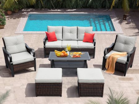 6 Pcs Outdoor Sectional Sofa With Reclining Backrest, Ottomans, Light Gray Cushions Online Sale