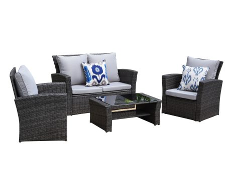 4-Pieces PE Rattan Wicker Outdoor Patio Furniture Set with Grey Cushions Sale