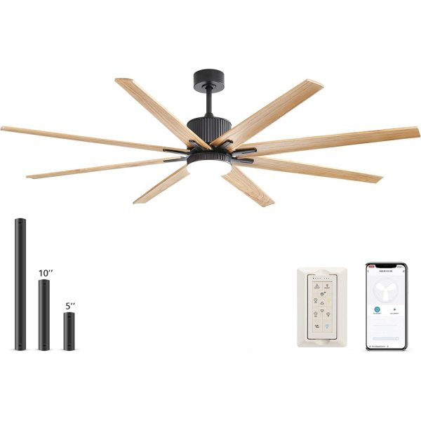 76 Inch Indoor Ceiling Fan With Dimmable 3 Color Led Light 8 Solid Wood Blades Remote Control Reversible DC Motor Black For Home Supply