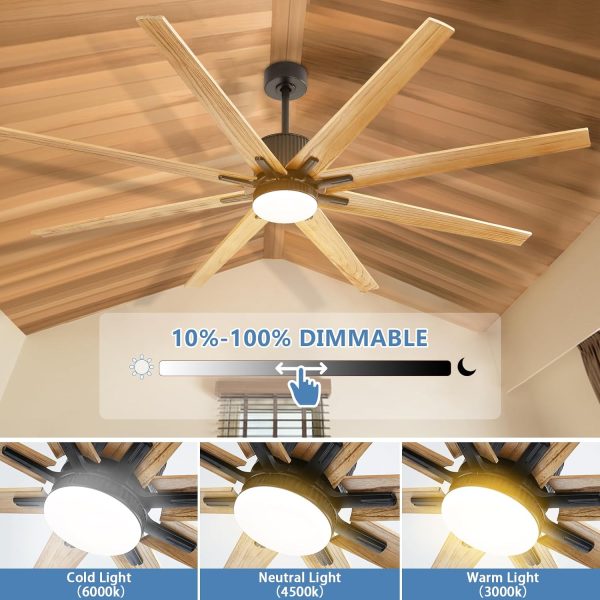 76 Inch Indoor Ceiling Fan With Dimmable 3 Color Led Light 8 Solid Wood Blades Remote Control Reversible DC Motor Black For Home Supply