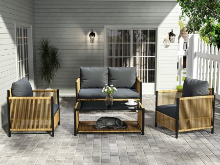 New Comming Patio 4 Pieces Brown PE Wicker Sofa Set with Grey Cushion Online now