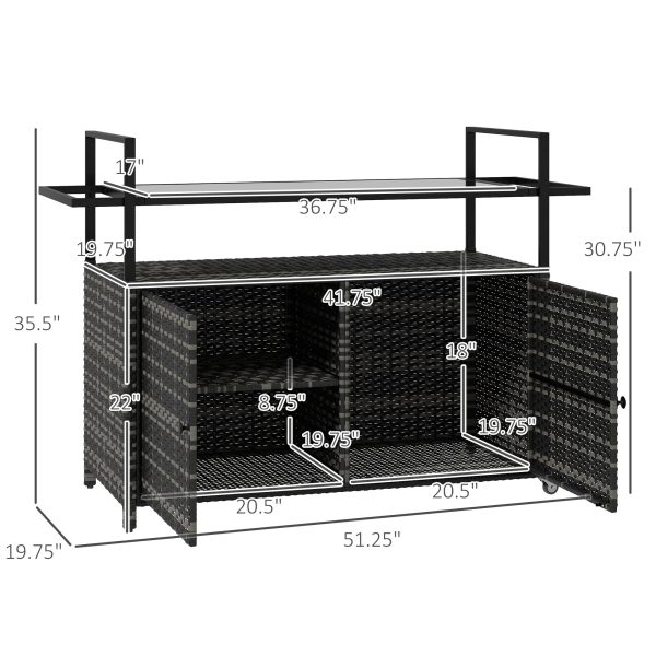 Outsunny PE Rattan Outdoor Bar Table, Outdoor Kitchen Island with 2-Tier Shelf & Cabinet, Patio Serving Cart with Glass Top, Handles, Towel Racks for Poolside, Garden, Mixed Gray Discount