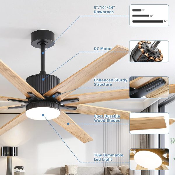 76 Inch Indoor Ceiling Fan With Dimmable 3 Color Led Light 8 Solid Wood Blades Remote Control Reversible DC Motor Black For Home Supply