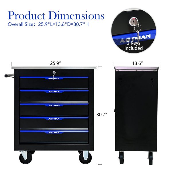 5 DRAWERS MULTIFUNCTIONAL TOOL CART WITH WHEELS-BLACK+BLUE on Sale