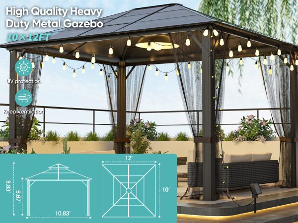 10x12 Hardtop Metal Gazebo,Heavy Duty Pergola with Mosquito Nets,Galvanized Steel&Polycarbonate Roof,Sturdy Outdoor Canopies Tent,Suitable for Gardens,Patio,Backyard Online Hot Sale