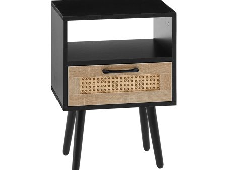 15.75  Rattan End table with drawer and solid wood legs, Modern nightstand, side table for living room, bedroom, black Supply