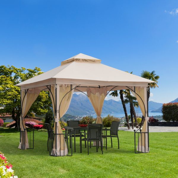 10  x 10  Patio Gazebo, Double Roof Outdoor Gazebo Canopy Shelter with Netting, Steel Corner Frame for Garden, Lawn, Backyard and Deck, Beige Fashion