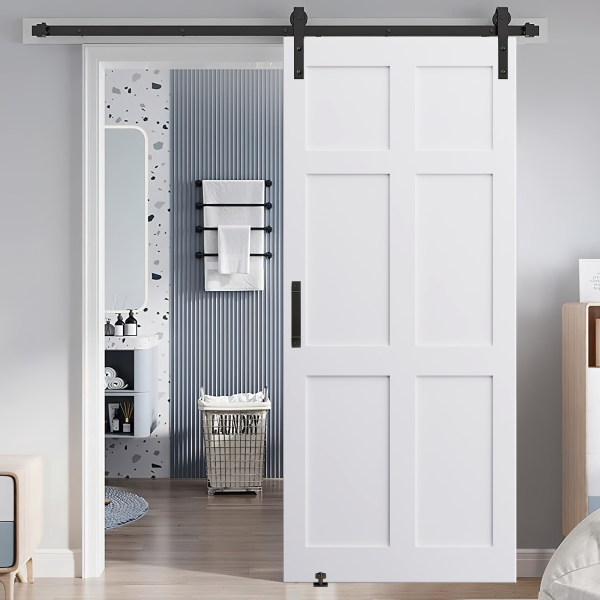 CRAZY ELF 30  x 80  Six Paneled Real Primed Door Slab + 6.6FT Barn Door Sliding Hardware + Adjustable Floor Guider + Pull Handle, DIY Unfinished Paneled Door, Modern Interior Barn Door, Water-proof For Discount