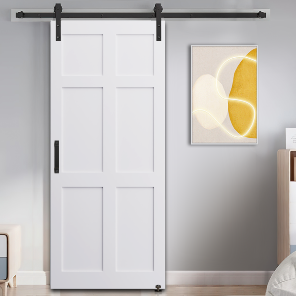 CRAZY ELF 24  x 80  Six Paneled Real Primed Door Slab + 6.6FT Barn Door Sliding Hardware + Adjustable Floor Guider + Pull Handle, DIY Unfinished Paneled Door, Modern Interior Barn Door, Water-proof Supply