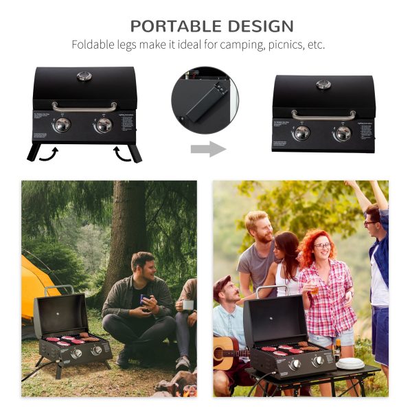 Outsunny 2 Burner Propane Gas Grill Outdoor Portable Tabletop BBQ with Foldable Legs, Lid, Thermometer for Camping, Picnic, Backyard, Black on Sale