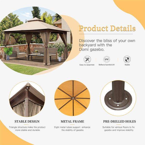 10 x13  Gazebo, Outdoor Gazebo with Mosquito Netting, Metal Frame Double Roof Soft Top Patio Gazebo Canopy Tent for Deck Backyard Garden Lawns (Khaki) on Sale