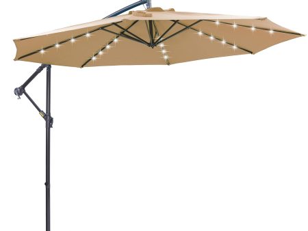 10 FT Solar LED Patio Outdoor Umbrella Hanging Cantilever Umbrella Offset Umbrella Easy Open Adustment with 32 LED Lights -taupe For Sale