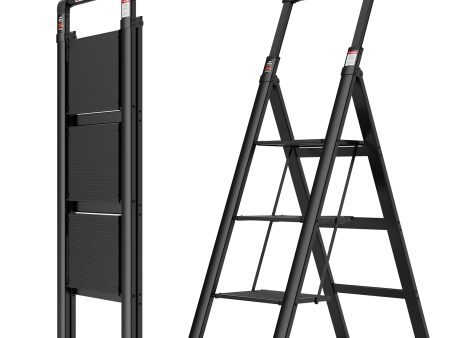 3 Step Ladder, Retractable Handgrip Folding Step Stool with Anti-Slip Wide Pedal, Aluminum Stool Ladders 3 Steps, 300lbs Safety Household Ladder Supply