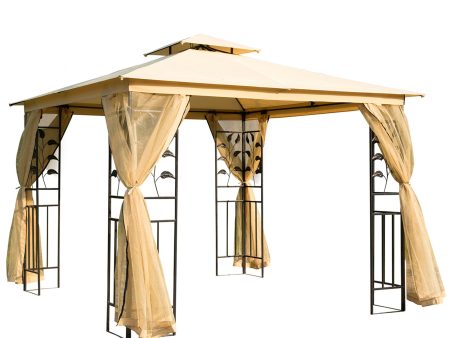 10  x 10  Metal Patio Gazebo, Double Roof Outdoor Gazebo Canopy Shelter with Tree Motifs Corner Frame and Netting, for Garden, Lawn, Backyard, and Deck, Beige Discount