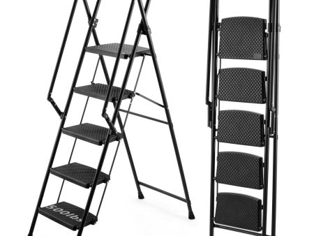 5-step ladder, folding ladder stool, with anti slip wide pedals, steel ladder, with safety anti slip handle, lightweight 300 pound portable steel ladder stool in black Hot on Sale