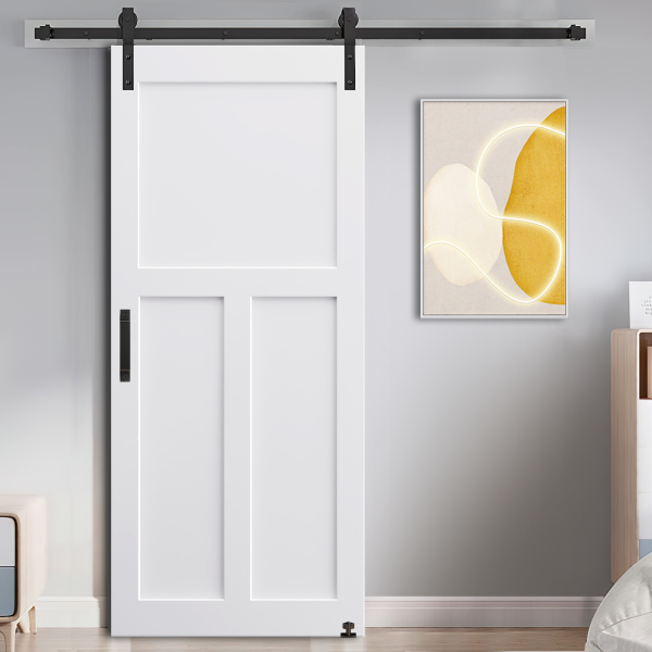 CRAZY ELF 28  x 80   T  Style Real Primed Door Slab + 6.6FT Barn Door Sliding Hardware + Adjustable Floor Guider + Pull Handle, DIY Unfinished Paneled Door, Modern Interior Barn Door, Moisture-proof Fashion