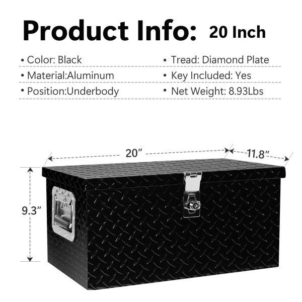 20 Inch Black Aluminum Tool long Box Tread Flat box for Truck Car Outdoor Trailer Pickup Underbody RV ATV Storage Tools Organizer with Lock Side Handle and Keys (20.1 ×11.8 ×9.3 ) Hot on Sale