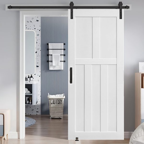 CRAZY ELF 28  x 80  Five Panel Real Primed Door Slab + 6.6FT Barn Door Sliding Hardware + Adjustable Floor Guider + Pull Handle, DIY Unfinished Paneled Door, Modern Interior Barn Door, Moisture-proof Online Hot Sale