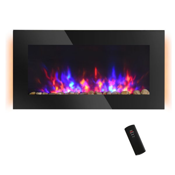 36  1500W Electric Wall-Mounted Fireplace with Flame Effect, 7 Color Background Light and Side Light, Black Online Hot Sale