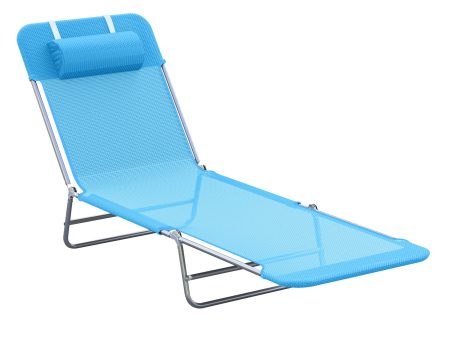 Outsunny Folding Chaise Lounge Pool Chairs, Outdoor Sun Tanning Chairs with Pillow, Reclining Back, Steel Frame & Breathable Mesh for Beach, Yard, Patio, Blue For Cheap