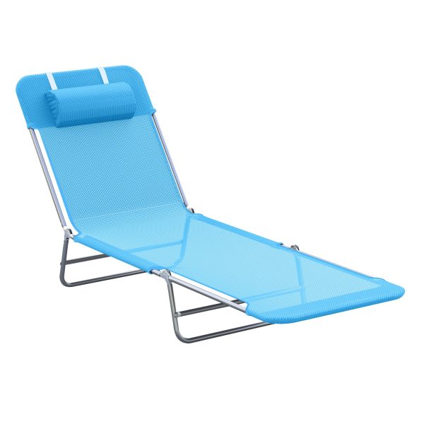 Outsunny Folding Chaise Lounge Pool Chairs, Outdoor Sun Tanning Chairs with Pillow, Reclining Back, Steel Frame & Breathable Mesh for Beach, Yard, Patio, Blue For Cheap