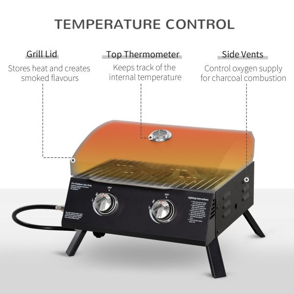 Outsunny 2 Burner Propane Gas Grill Outdoor Portable Tabletop BBQ with Foldable Legs, Lid, Thermometer for Camping, Picnic, Backyard, Black on Sale