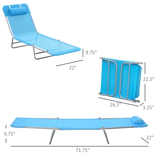 Outsunny Folding Chaise Lounge Pool Chairs, Outdoor Sun Tanning Chairs with Pillow, Reclining Back, Steel Frame & Breathable Mesh for Beach, Yard, Patio, Blue For Cheap