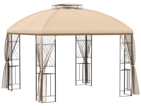 10  x 10  Patio Gazebo with Corner Shelves, Double Roof Outdoor Gazebo Canopy Shelter with Removable Mesh Netting, for Garden, Lawn, Backyard and Deck, Beige For Sale