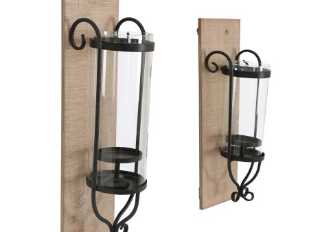 21 Inch Industrial Wall Mount Wood Candle Holder With Glass Hurrican, Set of 2, Black For Sale