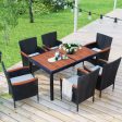 7-Piece Outdoor Patio Dining Set, Garden PE Rattan Wicker Dining Table and Chairs Set, Acacia Wood Tabletop, Stackable Armrest Chairs with Cushions, Reddish-brown on Sale