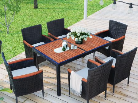 7-Piece Outdoor Patio Dining Set, Garden PE Rattan Wicker Dining Table and Chairs Set, Acacia Wood Tabletop, Stackable Armrest Chairs with Cushions, Reddish-brown on Sale