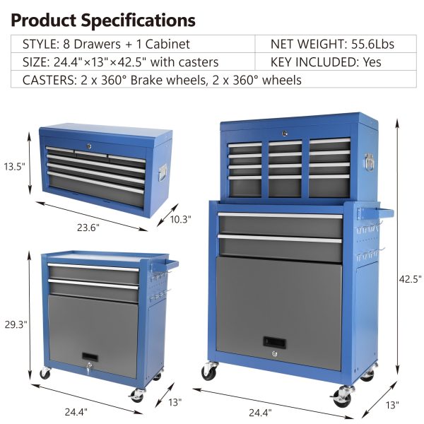 Rolling Tool Chest with Wheels 8 Drawers, Assembled Tool Cabinet Combo with Drawers, Detachable Organizer Tool Chests, Mobile Lockable Tool Box for Workshop Mechanics Garage Online Sale