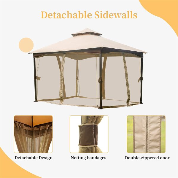 10 x13  Gazebo, Outdoor Gazebo with Mosquito Netting, Metal Frame Double Roof Soft Top Patio Gazebo Canopy Tent for Deck Backyard Garden Lawns (Khaki) on Sale