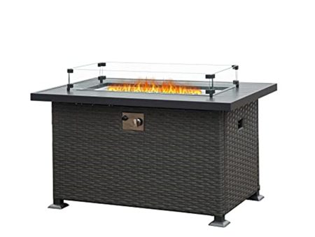 43.3 Inch Fire Pit Table with Glass Wind Guard, 50,000 BTU Smokeless Fire Pits for Outside with Aluminum Tabletop, Outdoor Wicker Gas Fire Pits for Patio Online now