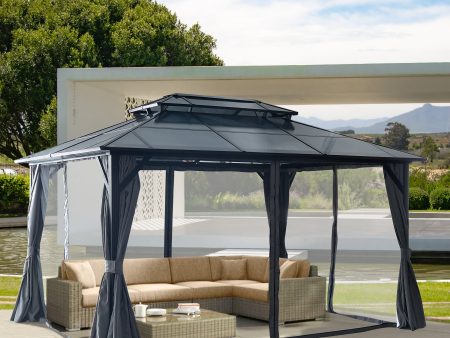 10 x13  Hardtop Gazebo, Outdoor Polycarbonate Double Roof Canopy, Aluminum Frame Permanent Pavilion with Curtains and Netting, Sunshade for Garden, Patio, Lawns Cheap