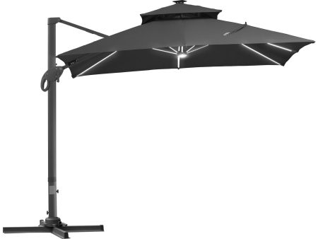 10FT Cantilever Patio Umbrella with Solar LED Lights, Double Top Square Outdoor Offset Umbrella with 360° Rotation, 4-Position Tilt, Crank & Cross Base for Garden, Deck, Pool, Dark Gray For Cheap