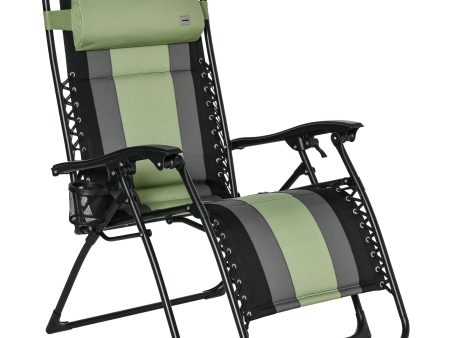 XL Oversize Zero Gravity Recliner, Padded Patio Lounger Chair, Folding Chair with Adjustable Backrest, Cup Holder, and Headrest for Backyard, Poolside, Lawn, Striped, Green For Cheap