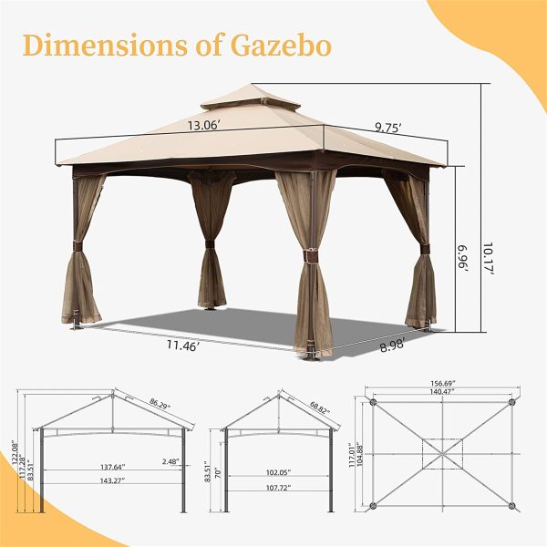 10 x13  Gazebo, Outdoor Gazebo with Mosquito Netting, Metal Frame Double Roof Soft Top Patio Gazebo Canopy Tent for Deck Backyard Garden Lawns (Khaki) on Sale