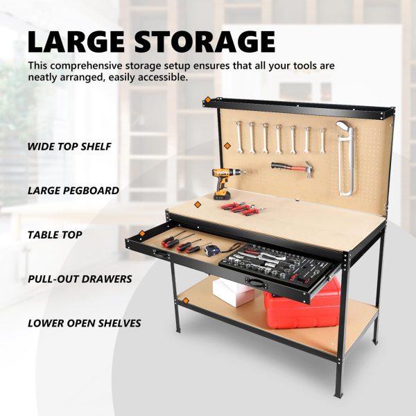 63  Tools Cabinet Working Tables Workbench Tool Storage Workshop Table with Drawers and Pegboard Fashion