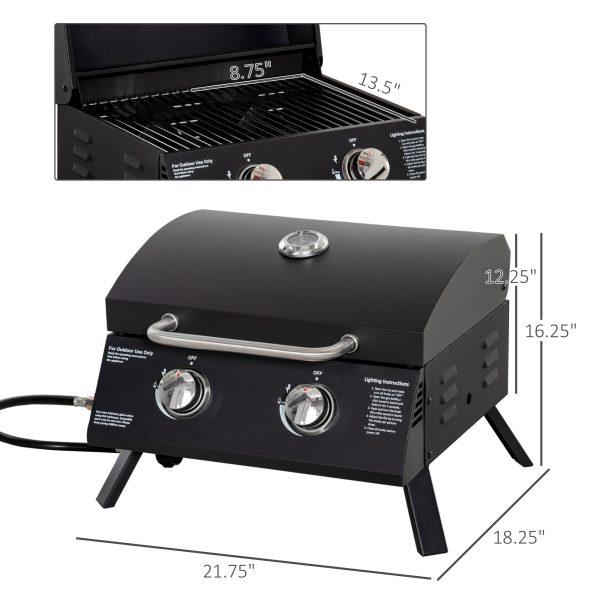 Outsunny 2 Burner Propane Gas Grill Outdoor Portable Tabletop BBQ with Foldable Legs, Lid, Thermometer for Camping, Picnic, Backyard, Black on Sale