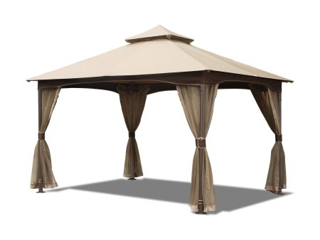 10 x13  Gazebo, Outdoor Gazebo with Mosquito Netting, Metal Frame Double Roof Soft Top Patio Gazebo Canopy Tent for Deck Backyard Garden Lawns (Khaki) on Sale