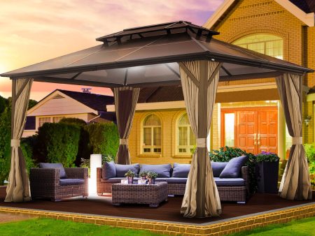 10X13ft Patio Gazebo with Netting & Curtains, Brown Online