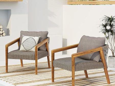 ( Set of 2) Outdoor Acacia Wood Club Chairs with Cushions Teak Gray on Sale