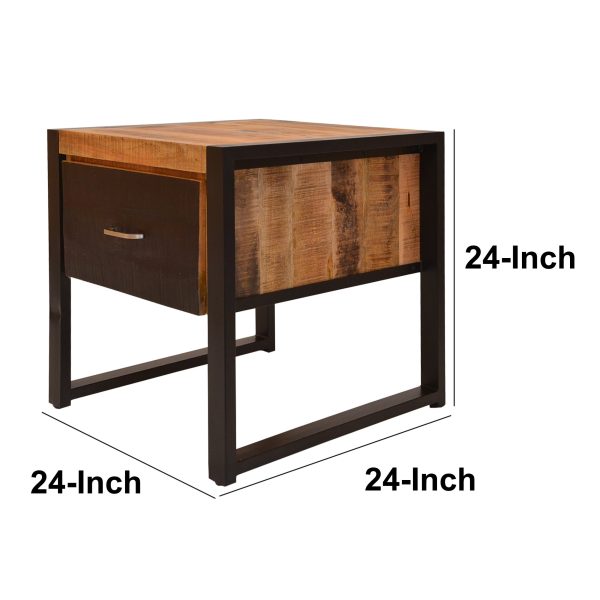 24 Inch Single Drawer Mango Wood Bedside Table, Iron Sled Style Base, Brown, Black For Cheap