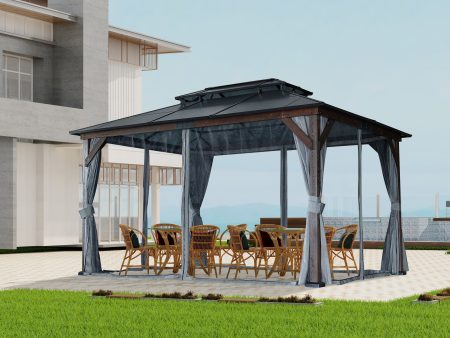 10  x 13  Hardtop Wood Gazebo for Patios, Outdoor  Framed Gazebo with Polycarbonate Double Roof Canopy, Solid Wooden Framed Gazebo with Privacy Curtains and Mosquito Nettings for Garden, Backyard Hot on Sale