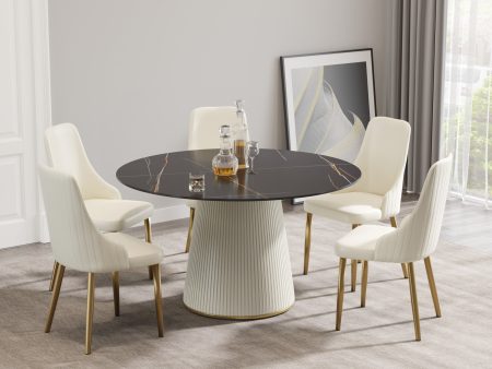 53.15  Modern black artificial stone round beige plywood PU base dining table-can accommodate 6 people. (Not including chairs. ) Cheap